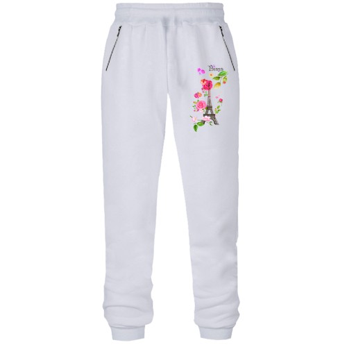 Штаны из футера без начеса с Эйфелевой башней и цветами 