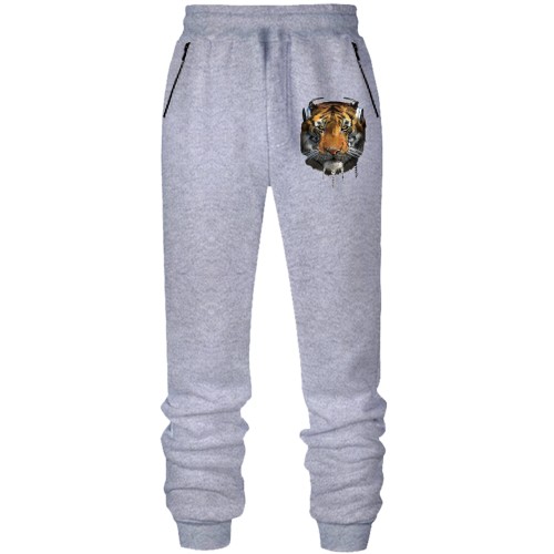 Штани з футера без начісу з тигром в навушниках