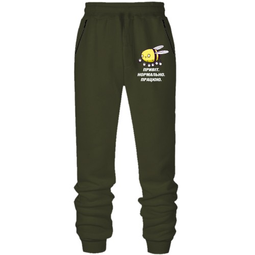 Штани з футера без начісу з бджолою Привіт. Нормально. працюю