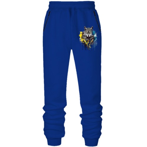 Штани з футера без начісу вовк у жовто-синій акварелі (арт)