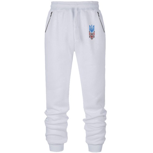 Штани з футера без начісу з тризубом та червоно-чорною вишиванкою