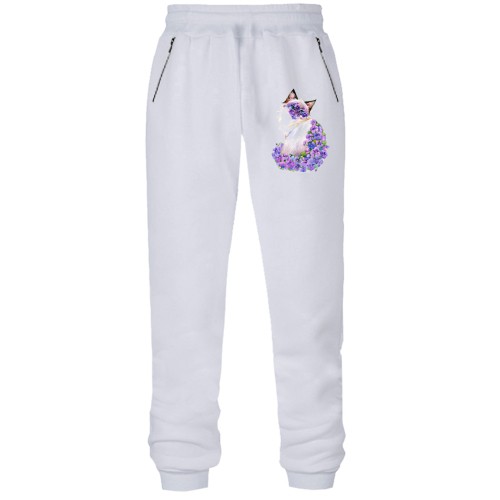 Штани з футера без начісу з сіамською кішкою в квітах