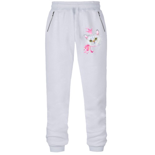 Штаны из футера без начеса с кошкой в розовой короне