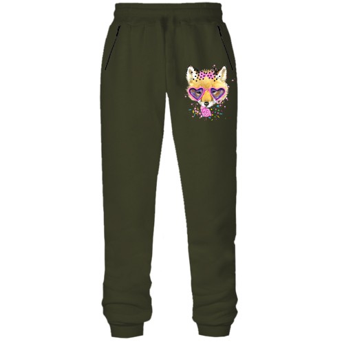 Штани з футера без начісу з лисичкою в окулярах і з цукеркою