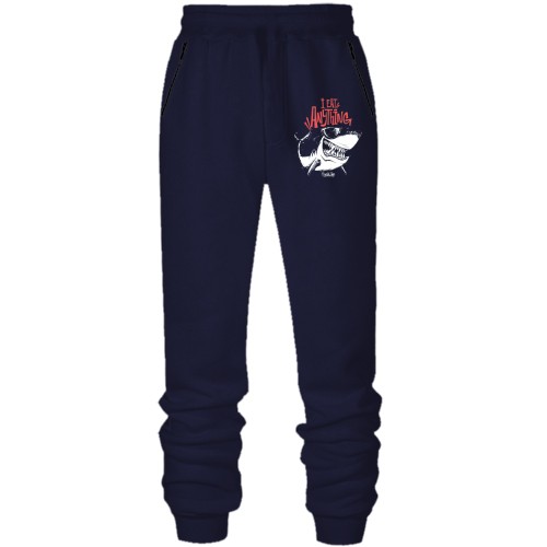 Штани з футера без начісу з акулою I eat Anything