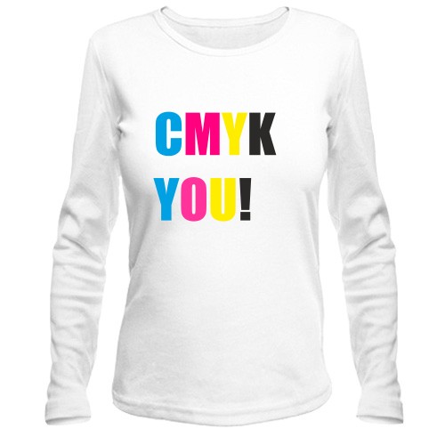 Женский лонгслив с разноцветной надписью «CMYK YOU!»