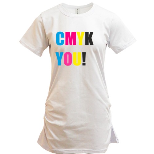 Удлиненная футболка с разноцветной надписью «CMYK YOU!»
