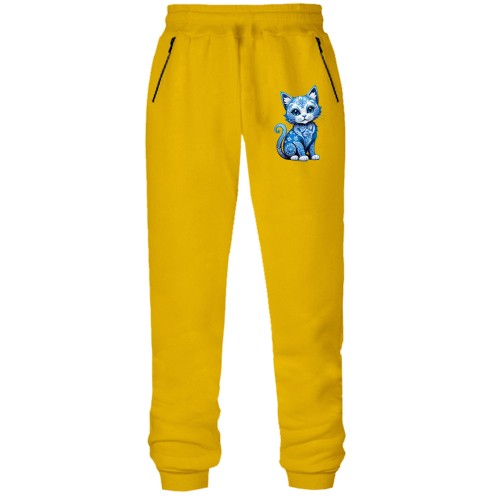 Штаны из футера без начеса Синий кот с узорами