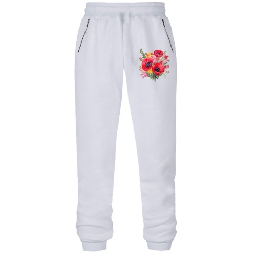 Штани з футера без начісу з малюнком букета маків