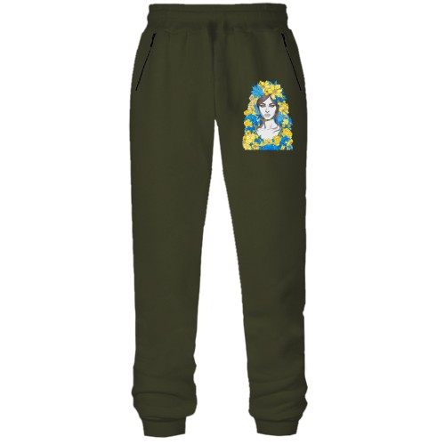 Штани з футера без начісу Дівчина у жовто-синіх квітах (2)