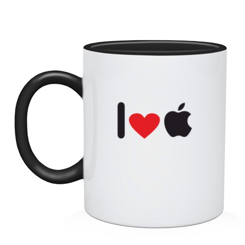 Чашка с ребусом «I love Apple» из вертикальной линии, красного сердца и надкусанного яблока