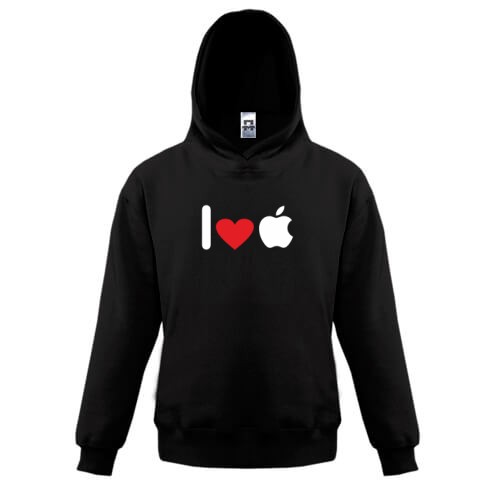 Детская толстовка с ребусом «I love Apple» из вертикальной линии, красного сердца и надкусанного яблока