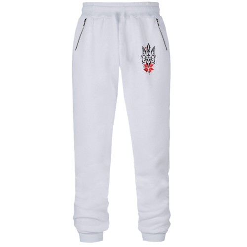 Штани з футера без начісу із вишитим візарунчастим гербом України