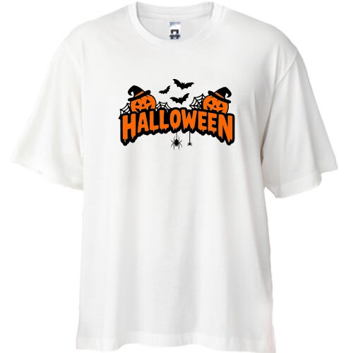 Футболка oversize с надписью «HALLOWEEN», тыквами в ведьминских шляпах и летучими мышами