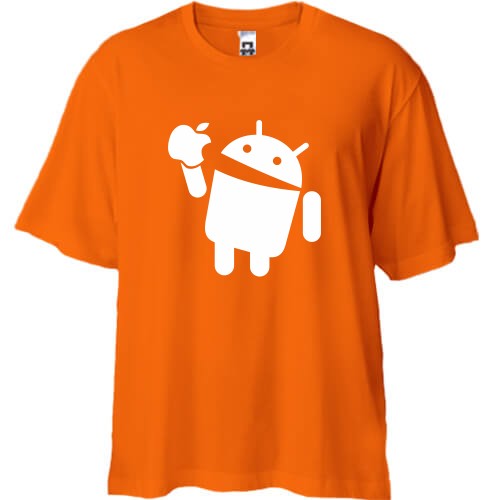 Футболка oversize с силуэтом робота Android, держащего надкушенное яблоко