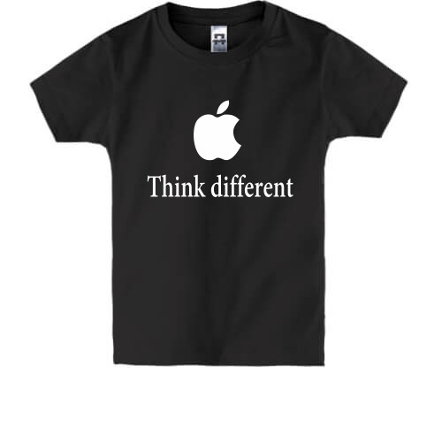 Детская футболка с силуэтом надкусанного яблока и белой надписью «Think different»