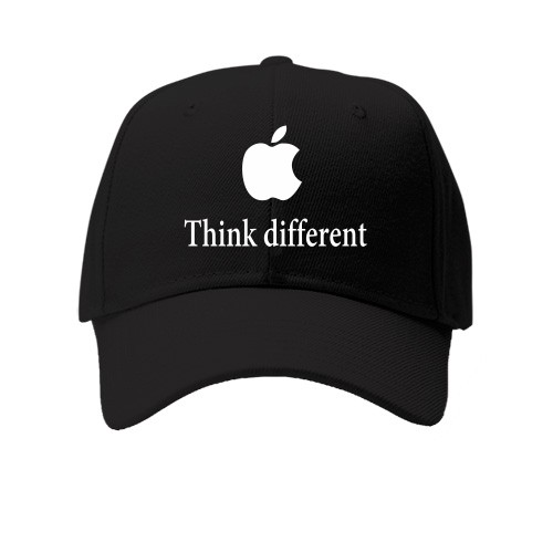 Кепка із силуетом надкушеного яблука та білим написом «Think different»