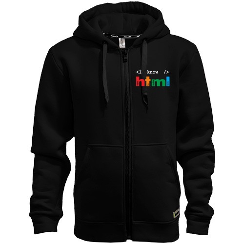Мужская толстовка на молнии с шуточным принтом «i know html» и расшифровкой «how to make love» внутри цветных букв