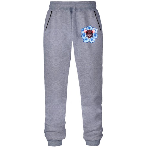 Штаны из футера без начеса с крысой в  голубых цветах