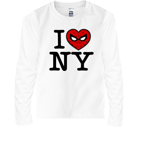 Детский лонгслив с надписью «I Love NY», где вместо сердца изображена маска Человека-паука