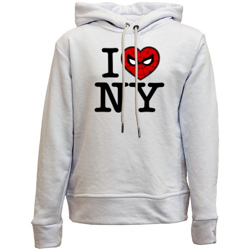 Детский худи без флиса с надписью «I Love NY», где вместо сердца изображена маска Человека-паука