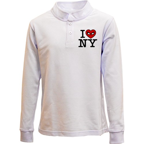 Детский лонгслив поло с надписью «I Love NY», где вместо сердца изображена маска Человека-паука