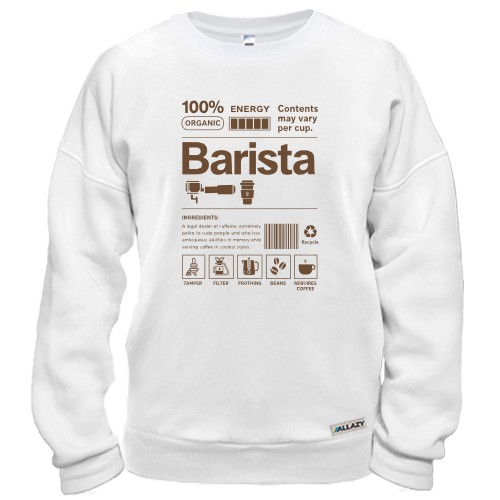 Свитшот с принтом-этикеткой «Barista» и иконками кофейных аксессуаров