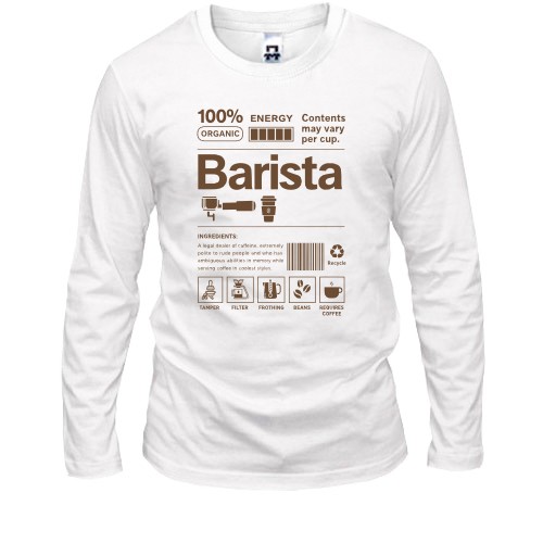 Мужской лонгслив с принтом-этикеткой «Barista» и иконками кофейных аксессуаров