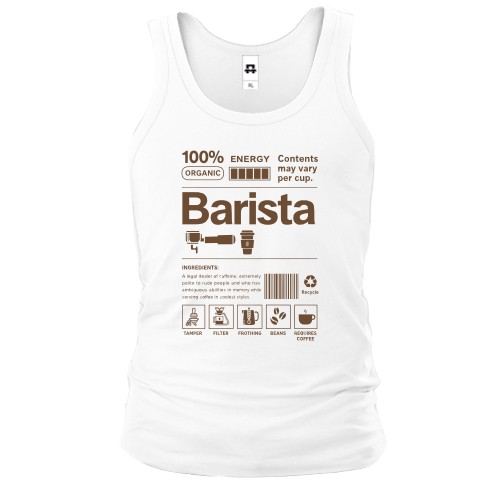 Чоловіча майка із принтом-етикеткою «Barista» та іконками кавових аксесуарів