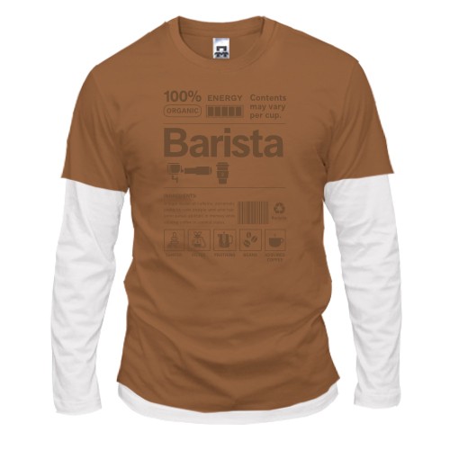 Мужской лонгслив Комби с принтом-этикеткой «Barista» и иконками кофейных аксессуаров