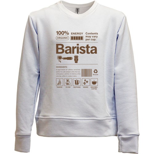 Детский свитшот без начеса с принтом-этикеткой «Barista» и иконками кофейных аксессуаров