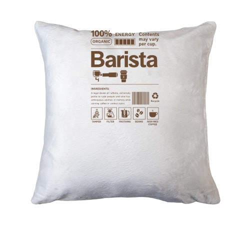 Подушка с принтом-этикеткой «Barista» и иконками кофейных аксессуаров
