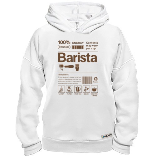 Худі BASE із принтом-етикеткою «Barista» та іконками кавових аксесуарів