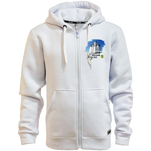 Чоловіча толстовка на блискавці із фотографією храму в Бучі, офіційним гербом міста та написом «Буча Місто Герой»