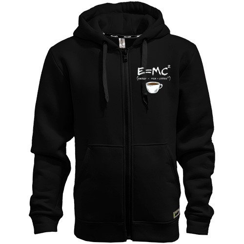 Мужская толстовка на молнии с формулой «E=MC²», расшифровкой «Energy = Milk x Coffee²» и чашкой кофе