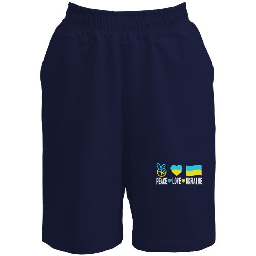 Чоловічі шорти із жестом миру, серцем та написом «PEACE LOVE UKRAINE» у кольорах українського прапора