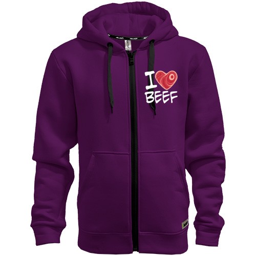 Мужская толстовка на молнии с надписью «I LOVE BEEF» и сердцем в виде сырого мясного стейка