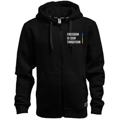 Мужская толстовка на молнии с надписью «FREEDOM IS OUR TRADITION» и сине-желтой вертикальной линией