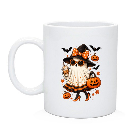 Чашка із зображенням модного привида в капелюсі відьми, окулярах та з гарбузом