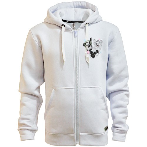 Мужская толстовка на молнии с тремя забавными собаками: мопсом в очках, бульдогом в наушниках и длинношёрстным терьером