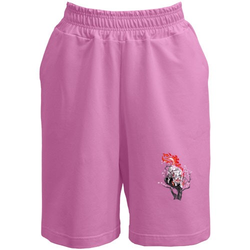 Мужские шорты с изображением белого мифического волка с огнём на голове, сидящего на дереве