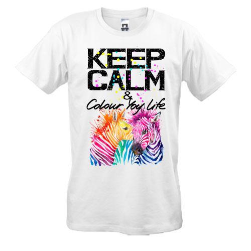 Футболка Keep calm and colour your life с цветными зебрами