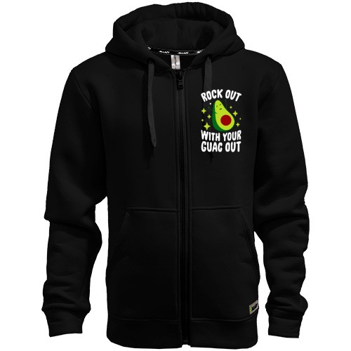 Мужская толстовка на молнии с весёлым авокадо и надписью «Rock out with your guac out»