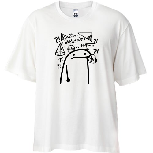 Футболка oversize с мемным персонажем Flork, окруженным сложными математическими формулами и геометрическими фигурами