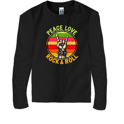 Дитячий лонгслів з рокерським жестом «коза» та написом «PEACE LOVE ROCK & ROLL» на тлі різнокольорового кола