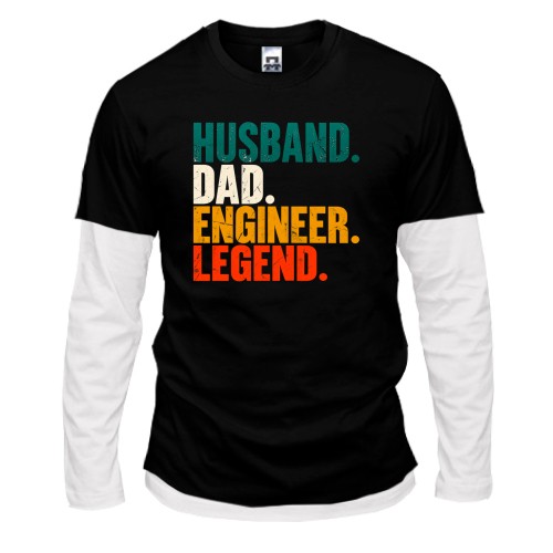 Чоловічий лонгслів Комбі із різнокольоровим написом «HUSBAND. DAD. ENGINEER. LEGEND.» у вінтажному стилі
