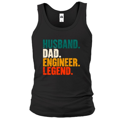 Мужская майка с разноцветной надписью «HUSBAND. DAD. ENGINEER. LEGEND.» в винтажном стиле