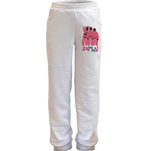 Детские штаны с персонажами в масках из сериала «Игра в кальмара» и корейской надписью