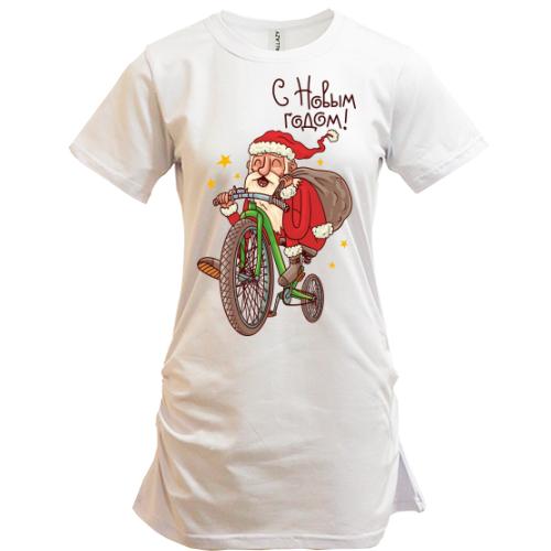 Подовжена футболка з Сантою на велосипеді
