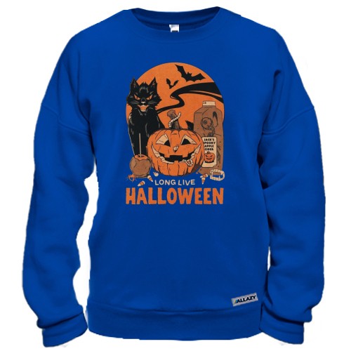 Свитшот с черным котом, резной тыквой, яблочным сидром и надписью «Long Live Halloween»